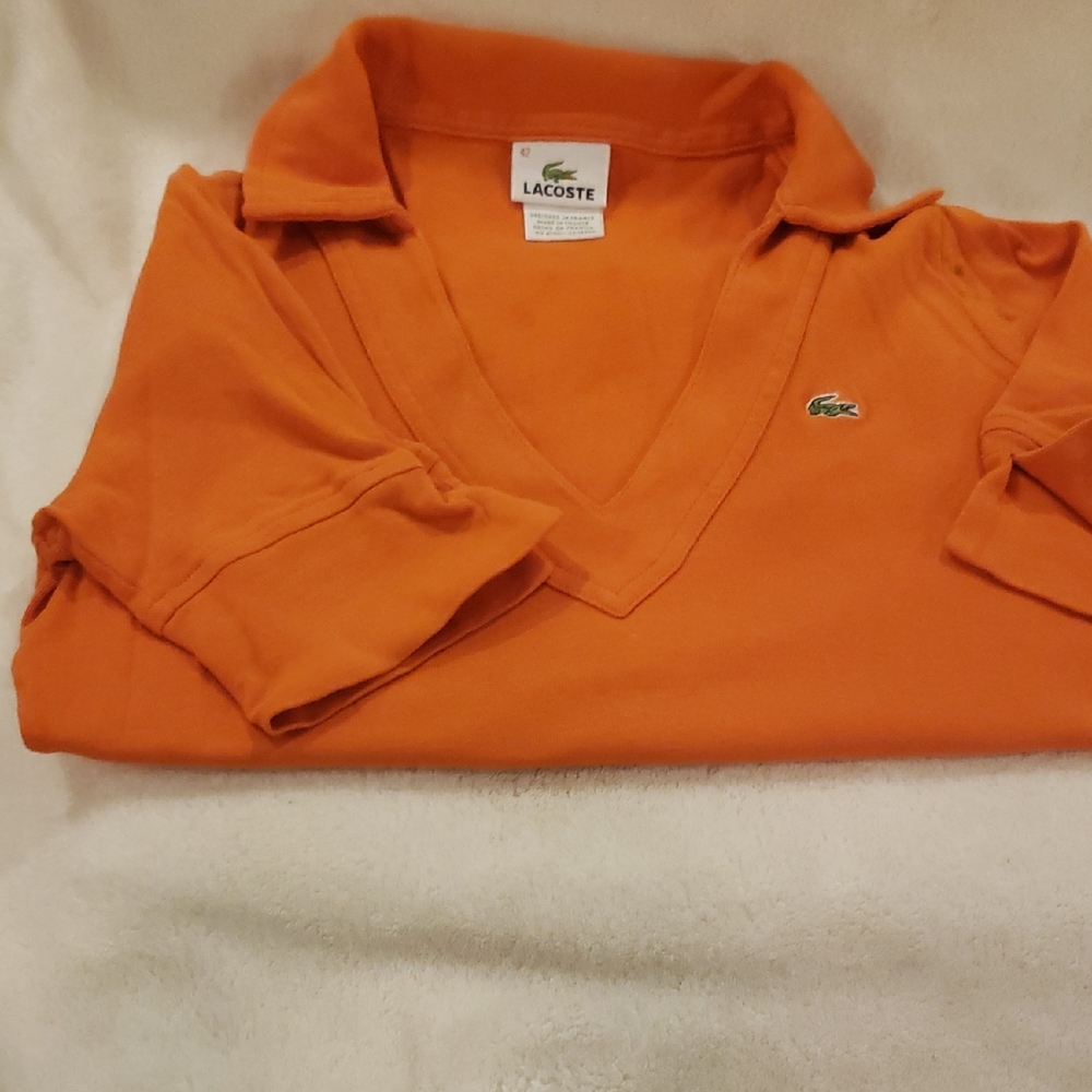 Vintage Women's Lacoste V-Neck Orange Shirt, Size 42 (Looks Like A Medium)